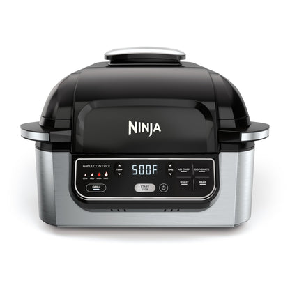 Ninja Foodi AG301 Grill: 5-in-1 indoor grill, air fry, roast, bake, dehydrate, smoke control, easy cleaning design.
