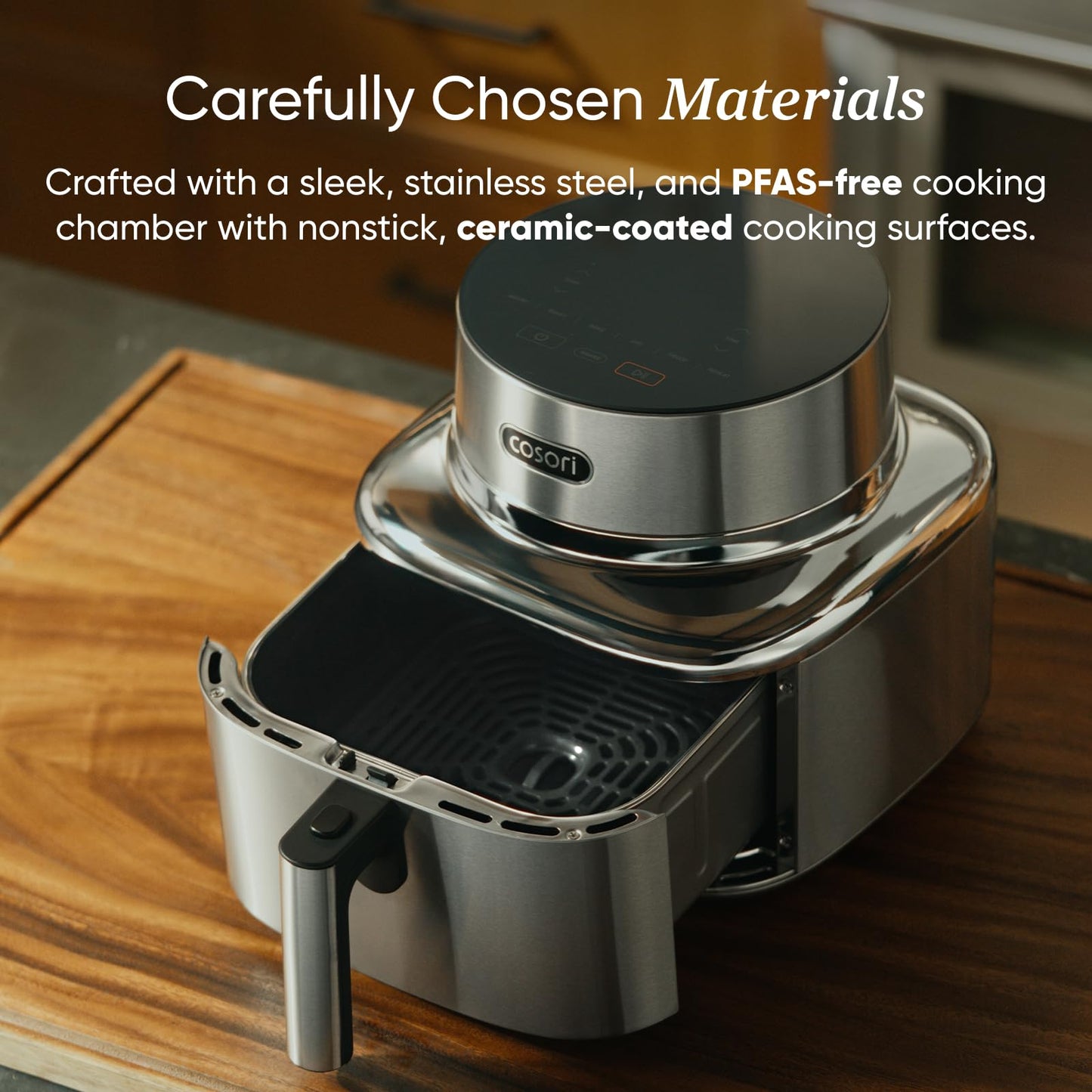 Cosori Iconic Air Fryer: 6.5QT, smart functions, PFAS-free coating, 450°F cooking, versatile and consistent results.