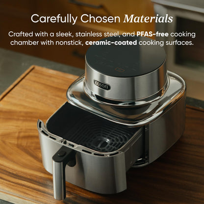 Cosori Iconic Air Fryer: 6.5QT, smart functions, PFAS-free coating, 450°F cooking, versatile and consistent results.