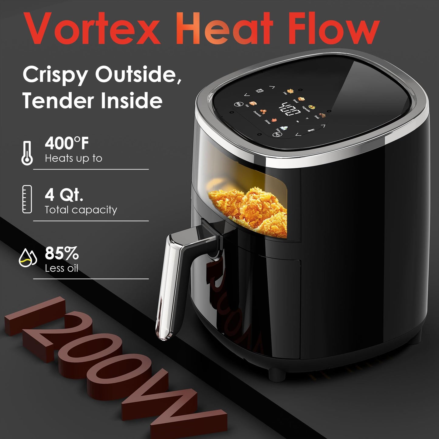WHUTO Compact Air Fryer: 4.2QT, 9-in-1 functions, touchscreen, view window, compact and easy to use.