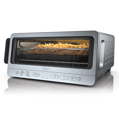 Ninja SP151 Oven: 8-in-1 air fryer toaster oven, flip-up design, space-saving, includes basket, pan, and rack.