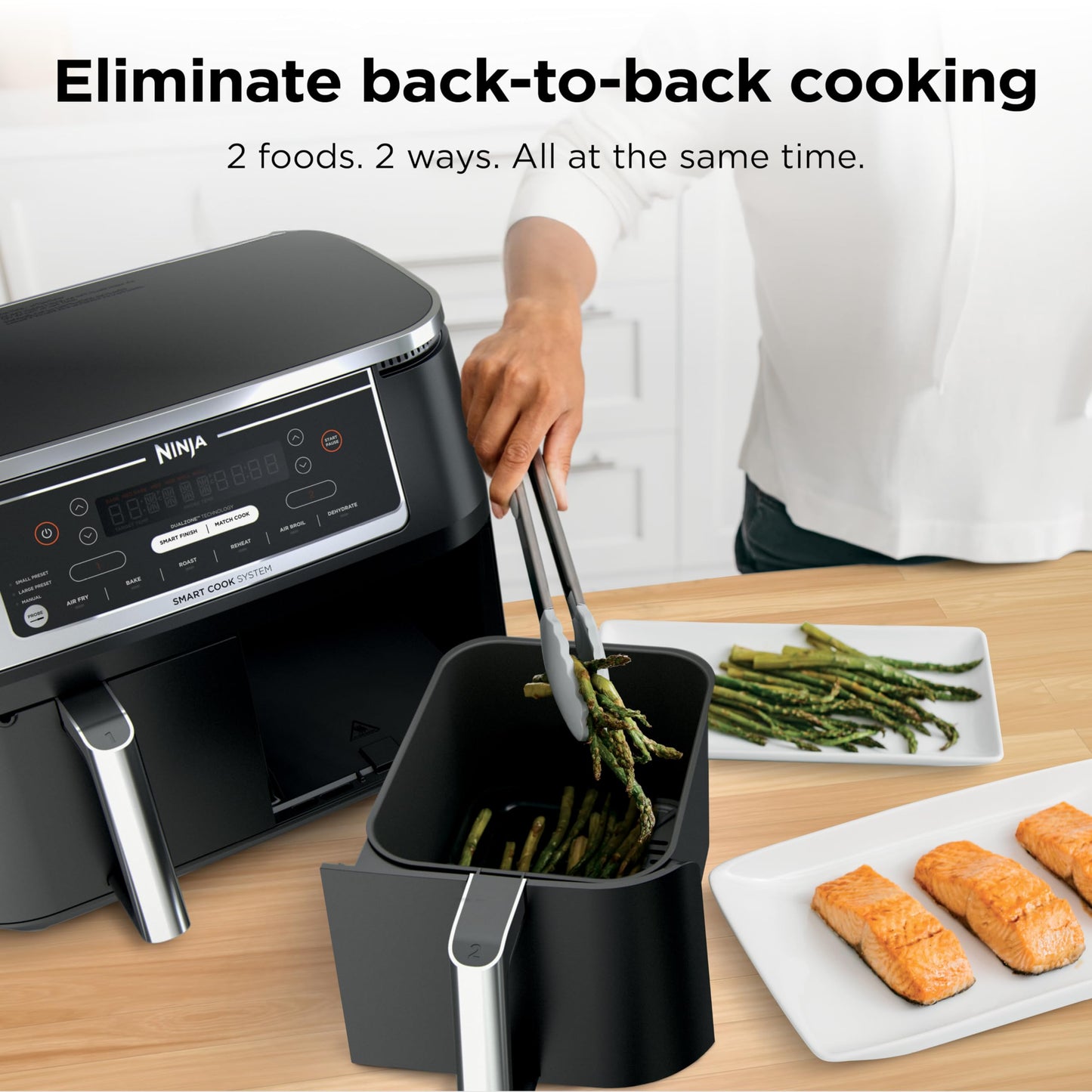 Ninja DZ302 Air Fryer: 10QT dual basket, cook two foods at once, 6-in-1 functions, powerful and efficient cooking.