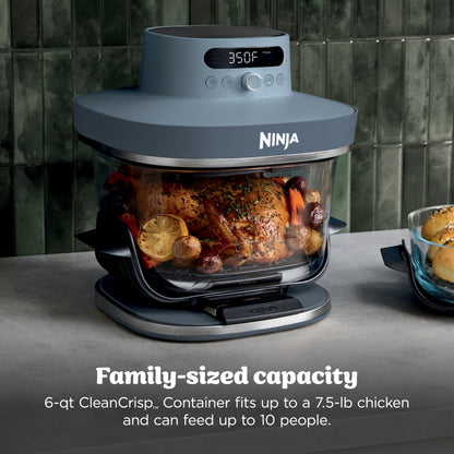 Ninja Crispi Pro: 6-in-1 glass air fryer, 450°F max heat, multi-use containers, safe and versatile cooking.
