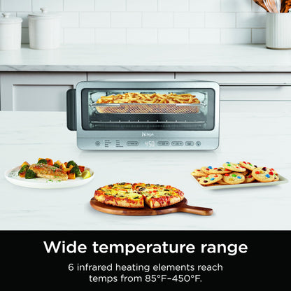 Ninja SP151 Oven: 8-in-1 air fryer toaster oven, flip-up design, space-saving, includes basket, pan, and rack.