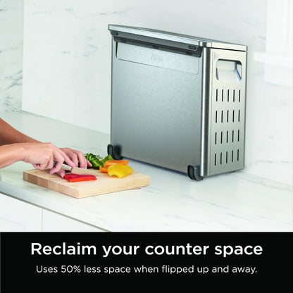 Ninja SP151 Oven: 8-in-1 air fryer toaster oven, flip-up design, space-saving, includes basket, pan, and rack.