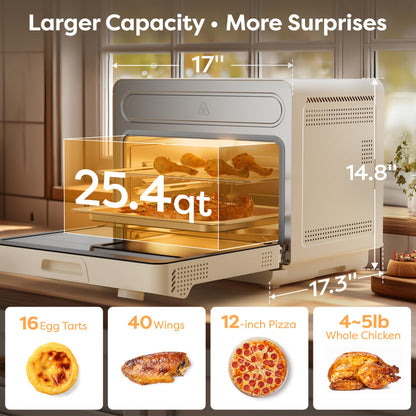 CIARRA 12-in-1 Steam Oven: air fryer combo with steam, 25QT capacity, bake, ferment, dehydrate, self-clean, modern white design.