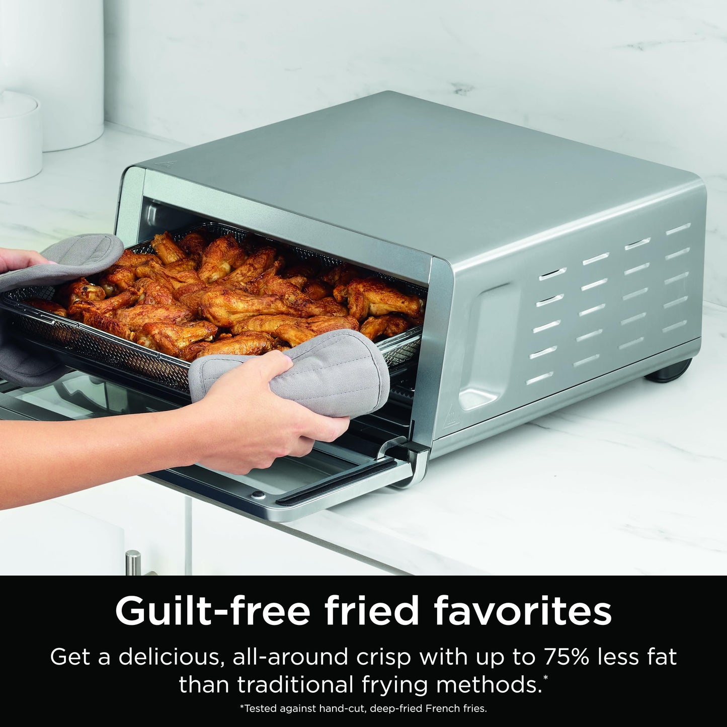 Ninja SP151 Oven: 8-in-1 air fryer toaster oven, flip-up design, space-saving, includes basket, pan, and rack.