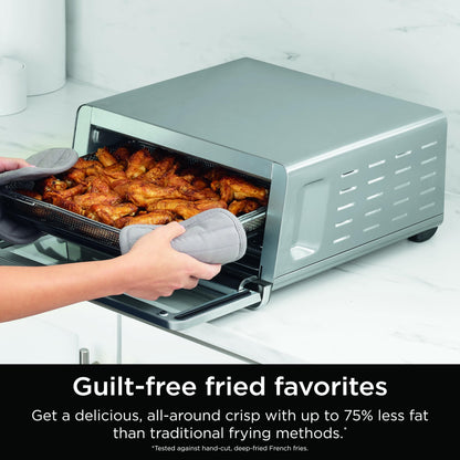 Ninja SP151 Oven: 8-in-1 air fryer toaster oven, flip-up design, space-saving, includes basket, pan, and rack.
