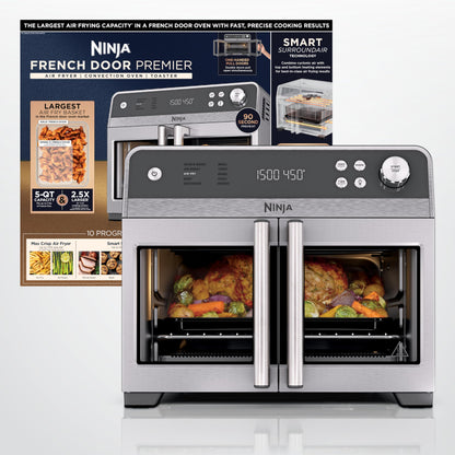 Ninja FO101 Oven: French door air fryer oven, 10-in-1 functions, 20QT capacity, dishwasher-safe accessories.
