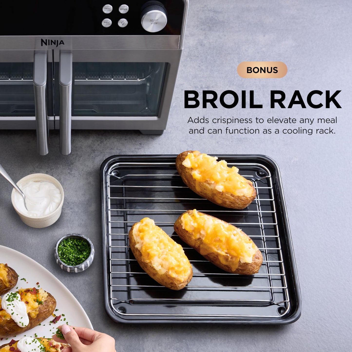 Ninja FO101 Oven: French door air fryer oven, 10-in-1 functions, 20QT capacity, dishwasher-safe accessories.