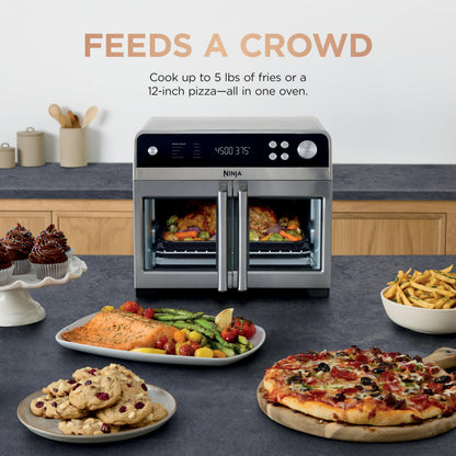 Ninja FO101 Oven: French door air fryer oven, 10-in-1 functions, 20QT capacity, dishwasher-safe accessories.