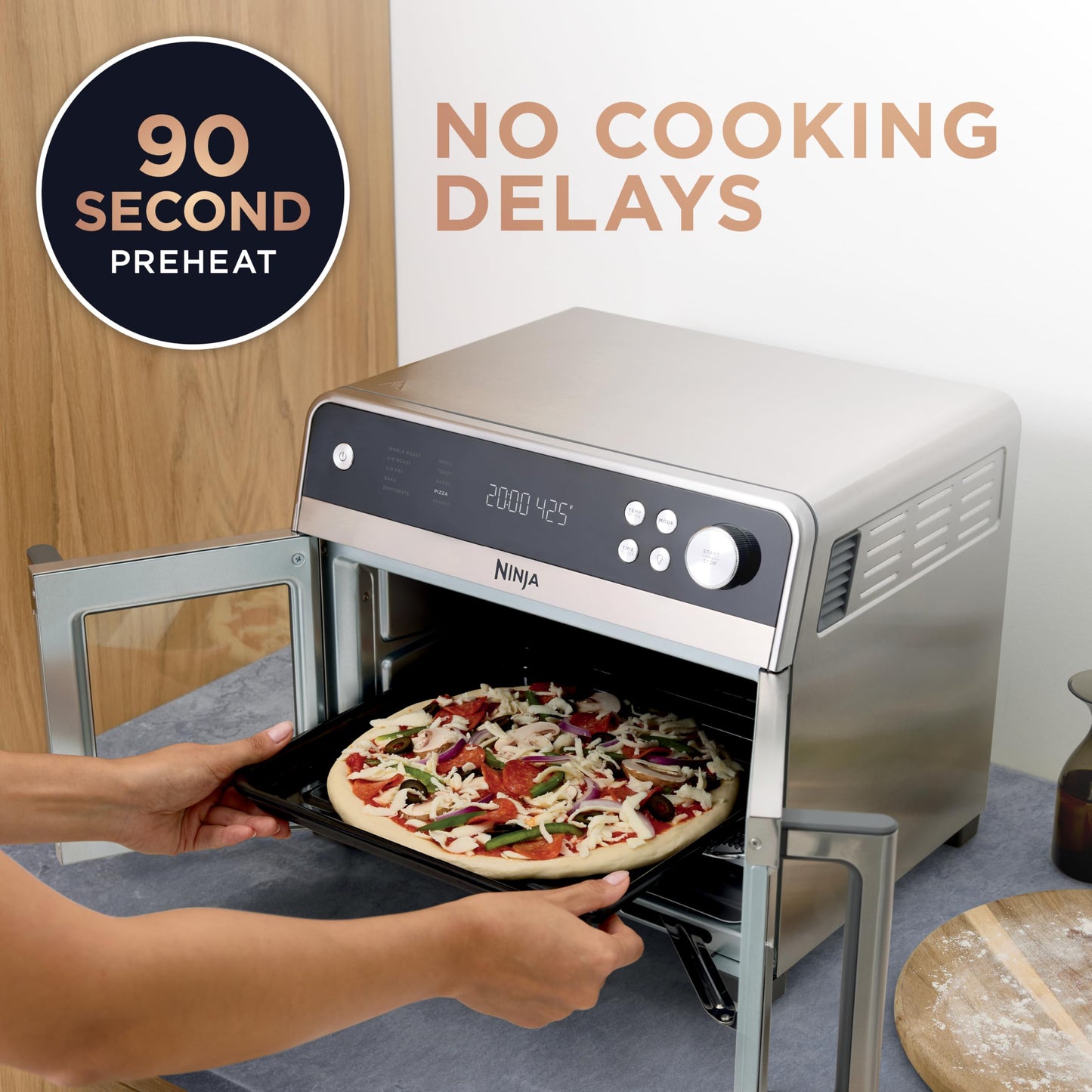 Ninja FO101 Oven: French door air fryer oven, 10-in-1 functions, 20QT capacity, dishwasher-safe accessories.