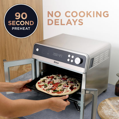Ninja FO101 Oven: French door air fryer oven, 10-in-1 functions, 20QT capacity, dishwasher-safe accessories.