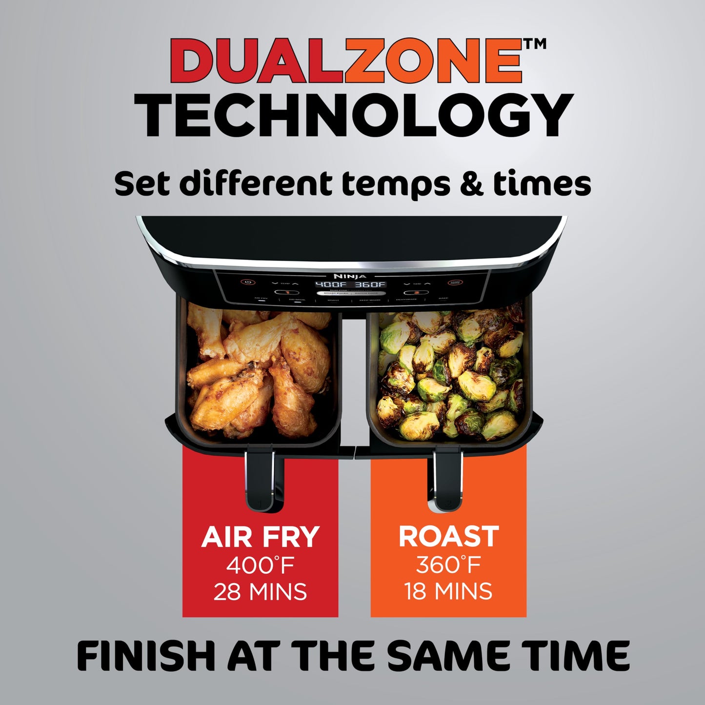 Ninja DZ302 Air Fryer: 10QT dual basket, cook two foods at once, 6-in-1 functions, powerful and efficient cooking.