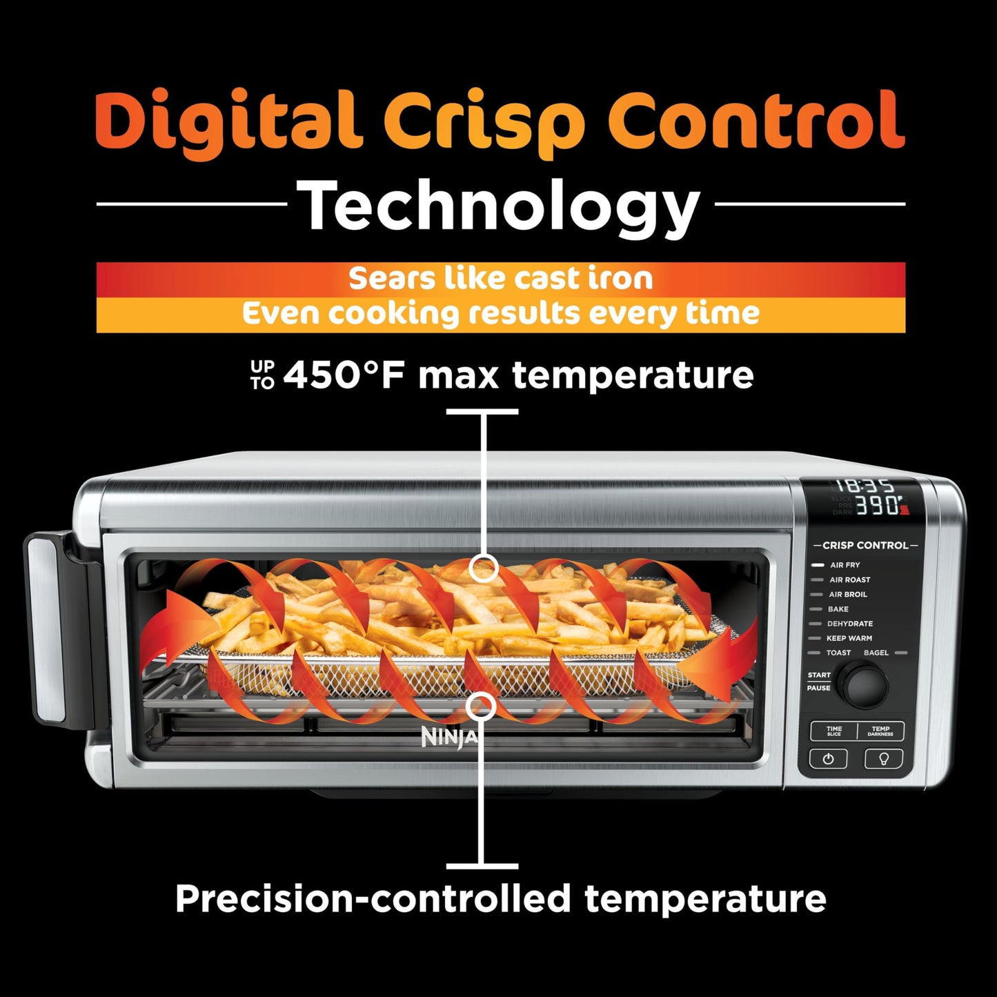 Ninja SP101 Oven: digital 8-in-1 air fryer oven, XL capacity, flip-up design, fast cooking with multiple accessories.