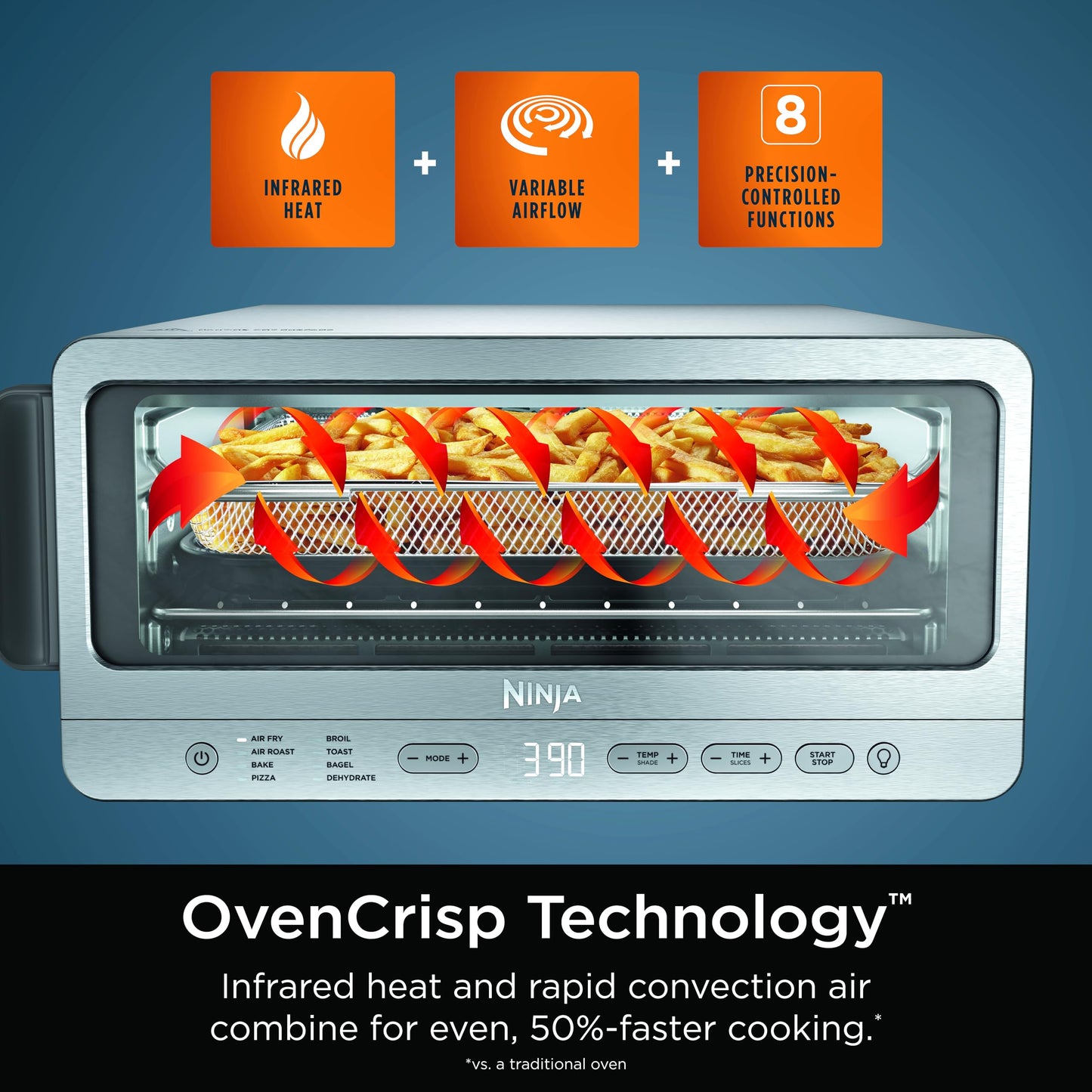 Ninja SP151 Oven: 8-in-1 air fryer toaster oven, flip-up design, space-saving, includes basket, pan, and rack.