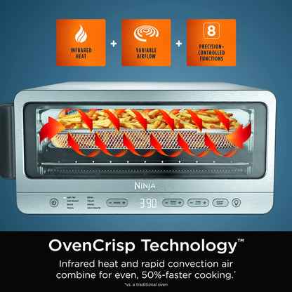 Ninja SP151 Oven: 8-in-1 air fryer toaster oven, flip-up design, space-saving, includes basket, pan, and rack.