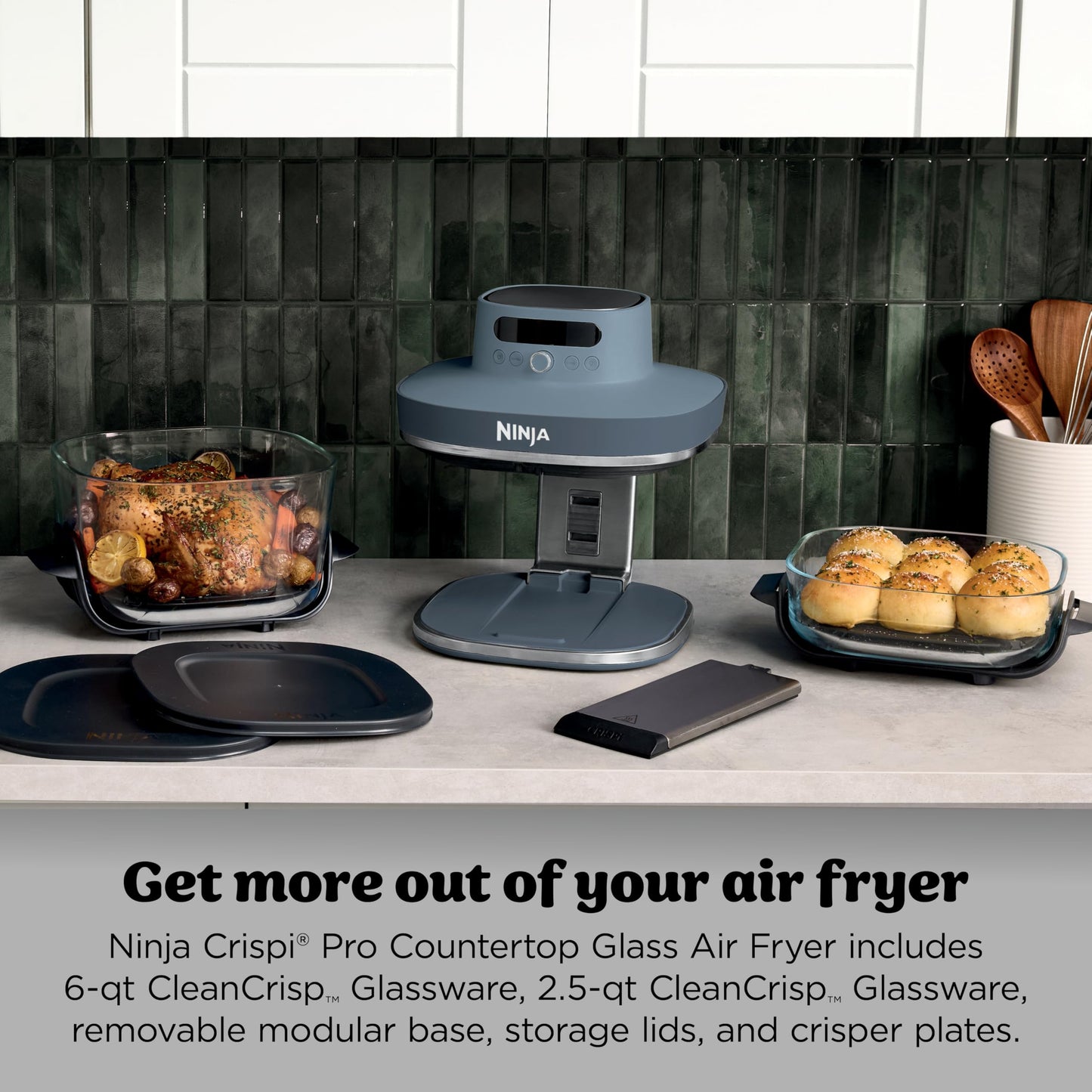 Ninja Crispi Pro: 6-in-1 glass air fryer, 450°F max heat, multi-use containers, safe and versatile cooking.
