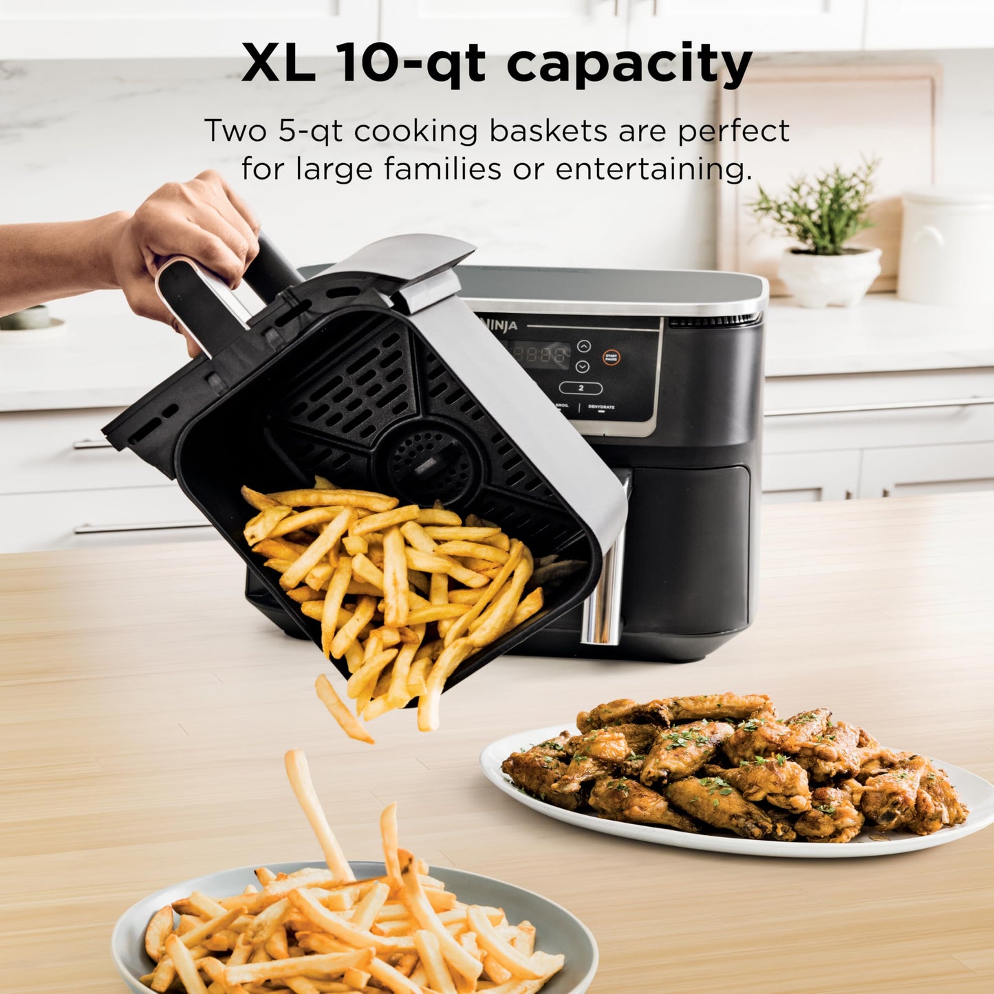 Ninja DZ302 Air Fryer: 10QT dual basket, cook two foods at once, 6-in-1 functions, powerful and efficient cooking.