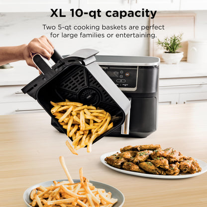 Ninja DZ302 Air Fryer: 10QT dual basket, cook two foods at once, 6-in-1 functions, powerful and efficient cooking.