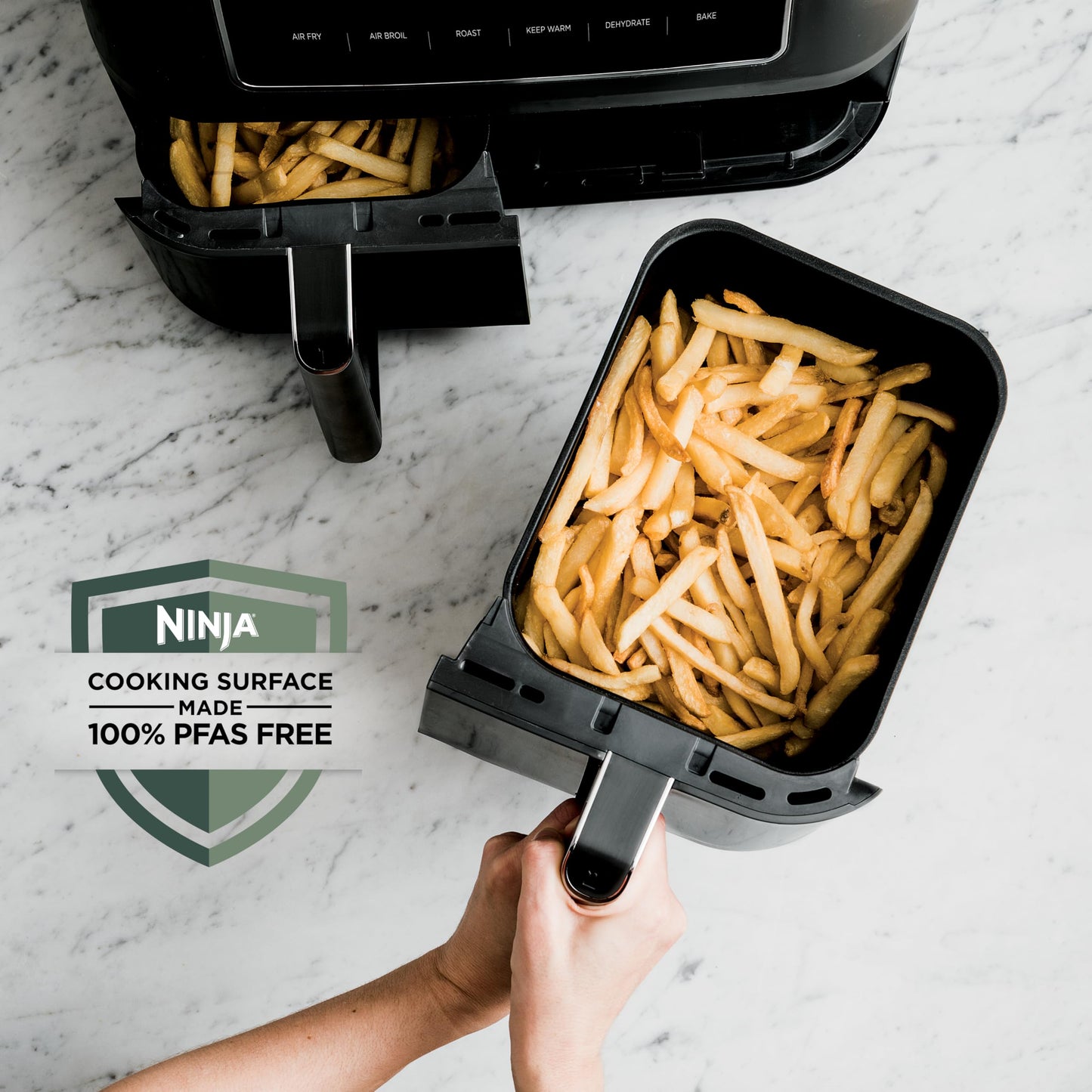 Ninja DZ302 Air Fryer: 10QT dual basket, cook two foods at once, 6-in-1 functions, powerful and efficient cooking.