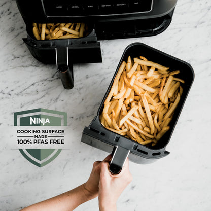 Ninja DZ302 Air Fryer: 10QT dual basket, cook two foods at once, 6-in-1 functions, powerful and efficient cooking.