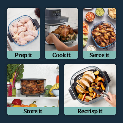 Ninja Crispi Pro: 6-in-1 glass air fryer, 450°F max heat, multi-use containers, safe and versatile cooking.