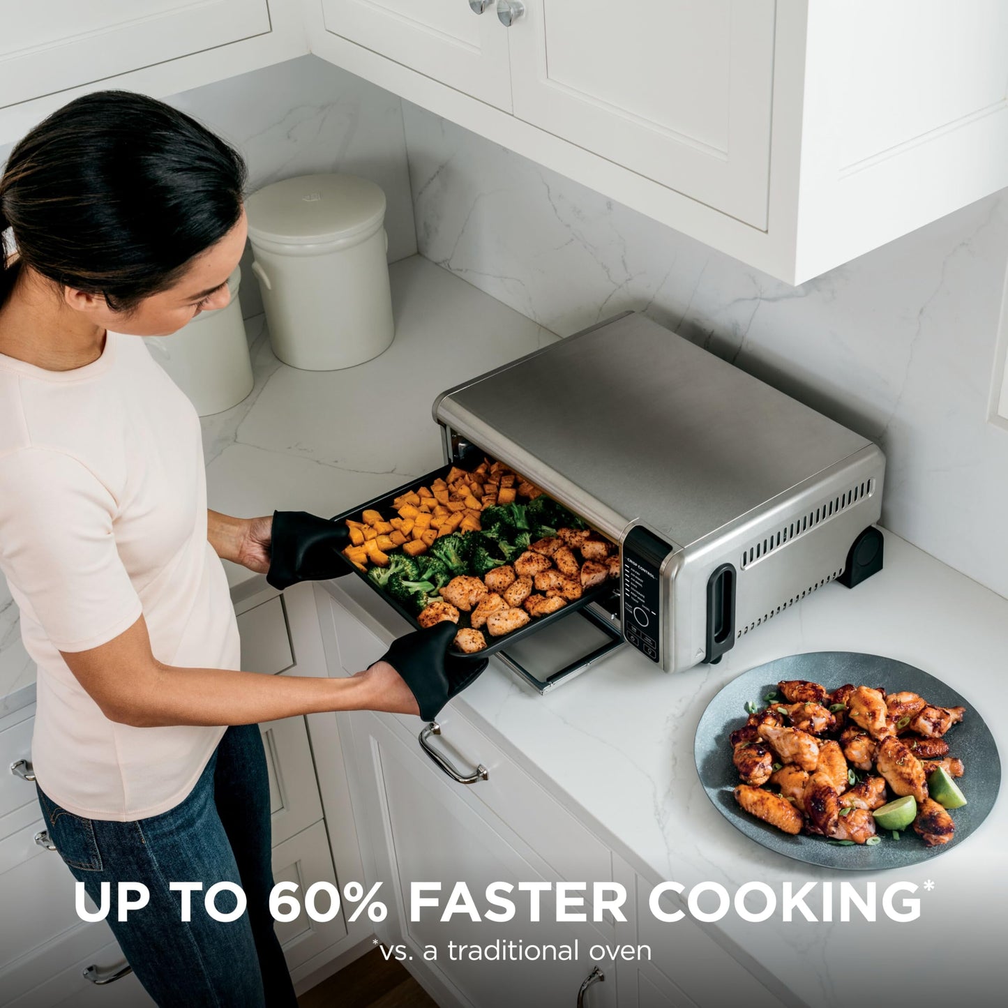 Ninja SP101 Oven: digital 8-in-1 air fryer oven, XL capacity, flip-up design, fast cooking with multiple accessories.