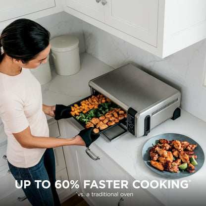 Ninja SP101 Oven: digital 8-in-1 air fryer oven, XL capacity, flip-up design, fast cooking with multiple accessories.
