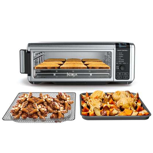 Ninja SP101 Oven: digital 8-in-1 air fryer oven, XL capacity, flip-up design, fast cooking with multiple accessories.