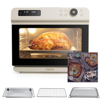CIARRA 12-in-1 Steam Oven: air fryer combo with steam, 25QT capacity, bake, ferment, dehydrate, self-clean, modern white design.