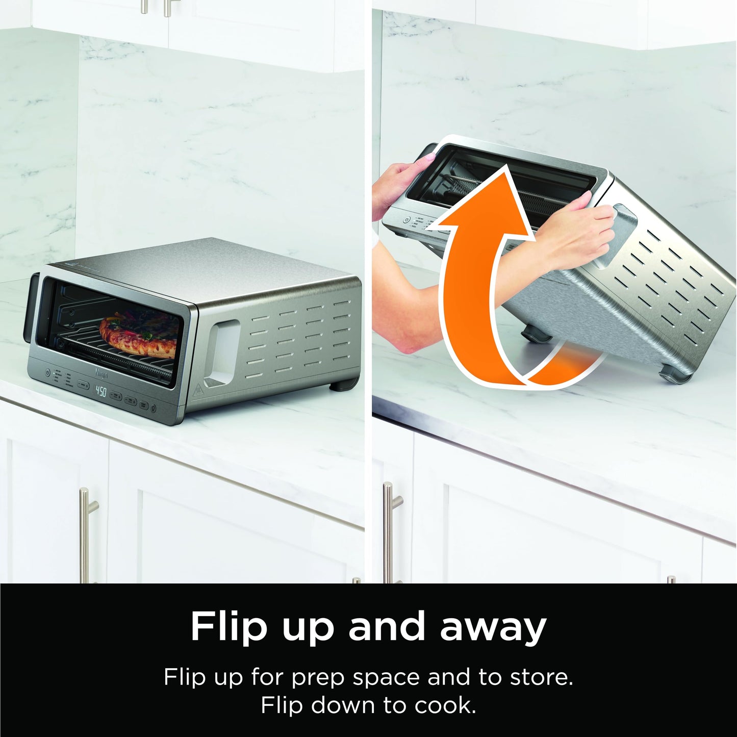 Ninja SP151 Oven: 8-in-1 air fryer toaster oven, flip-up design, space-saving, includes basket, pan, and rack.
