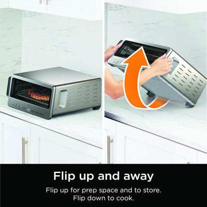 Ninja SP151 Oven: 8-in-1 air fryer toaster oven, flip-up design, space-saving, includes basket, pan, and rack.