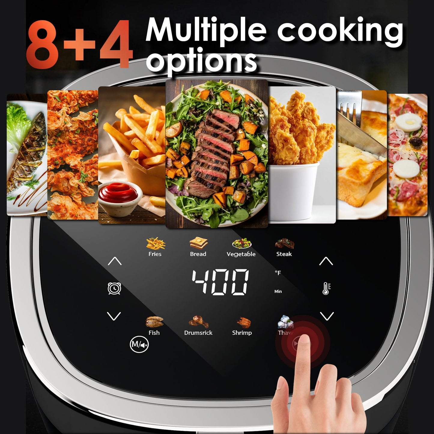 WHUTO Compact Air Fryer: 4.2QT, 9-in-1 functions, touchscreen, view window, compact and easy to use.