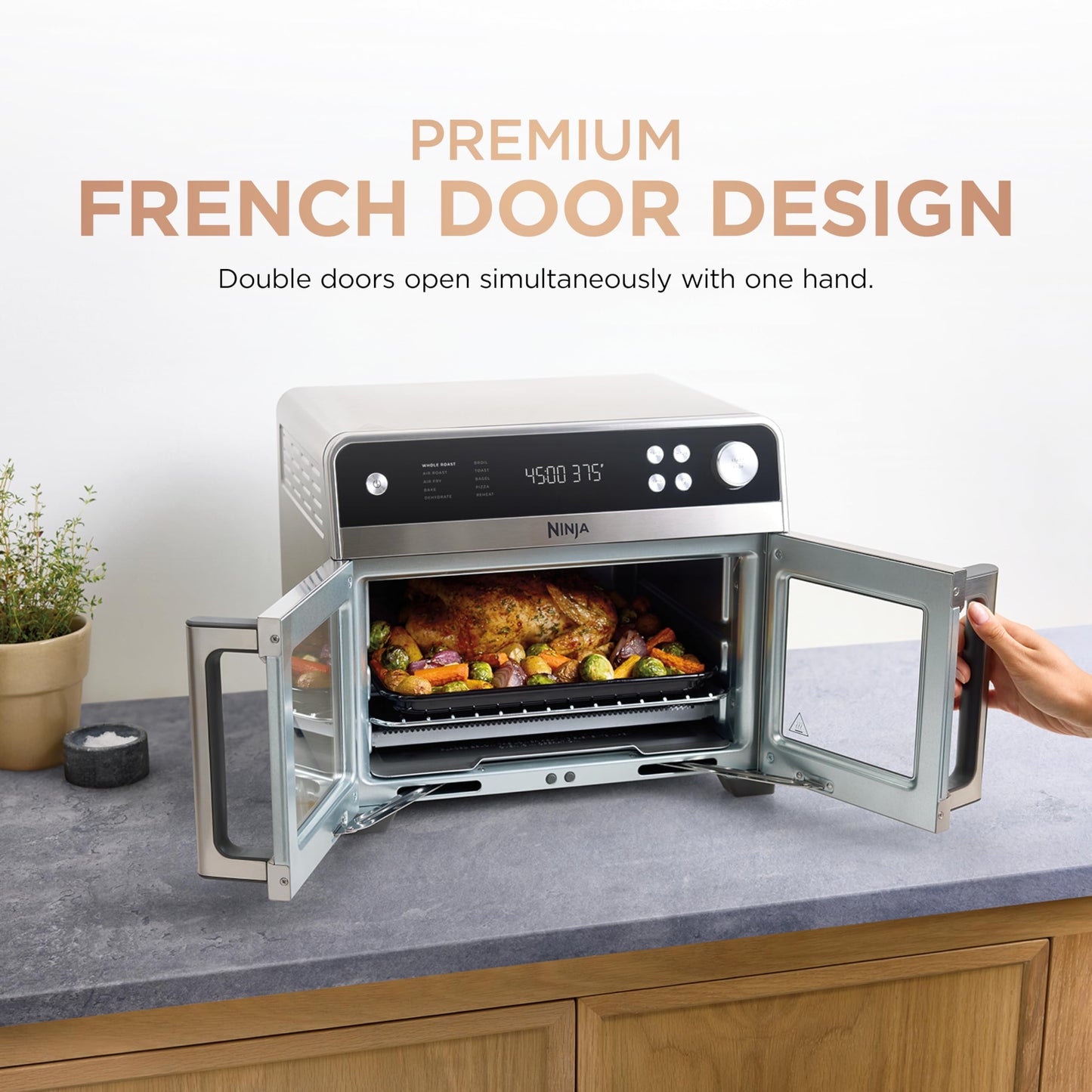 Ninja FO101 Oven: French door air fryer oven, 10-in-1 functions, 20QT capacity, dishwasher-safe accessories.