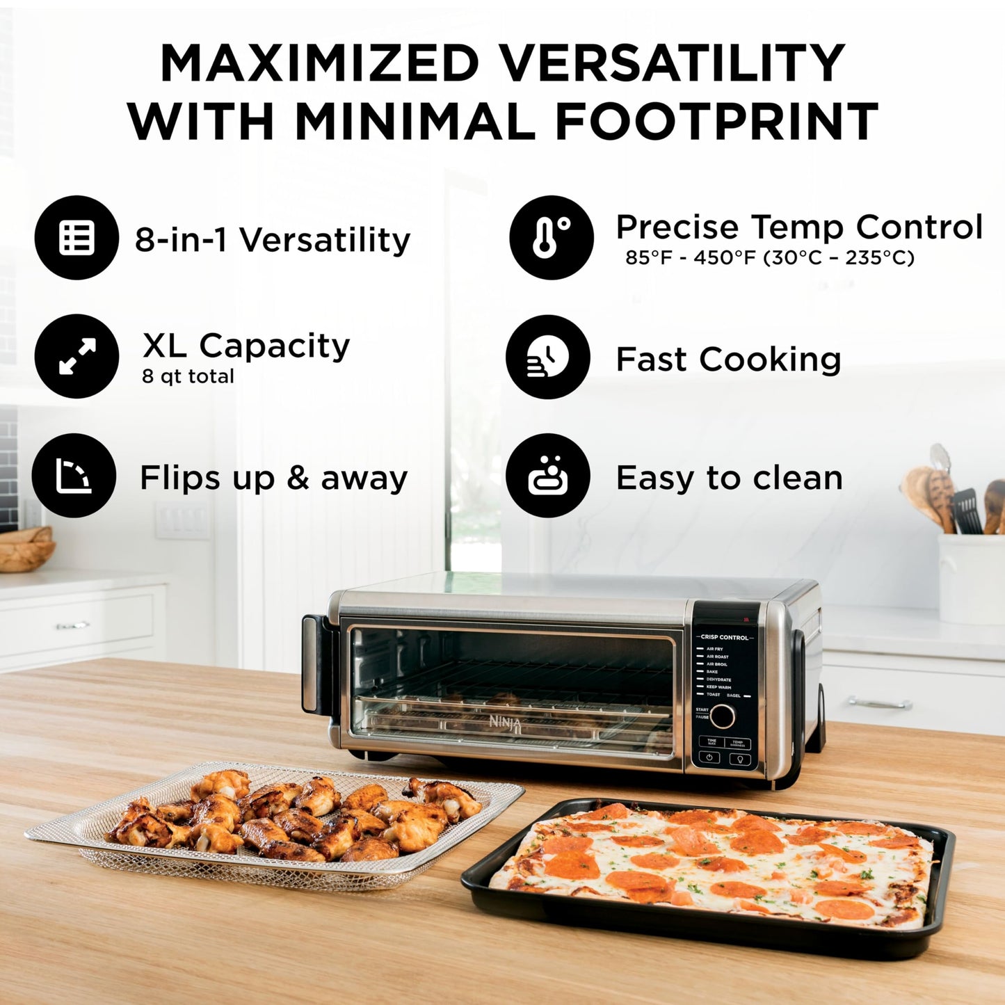 Ninja SP101 Oven: digital 8-in-1 air fryer oven, XL capacity, flip-up design, fast cooking with multiple accessories.