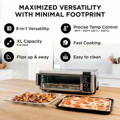 Ninja SP101 Oven: digital 8-in-1 air fryer oven, XL capacity, flip-up design, fast cooking with multiple accessories.