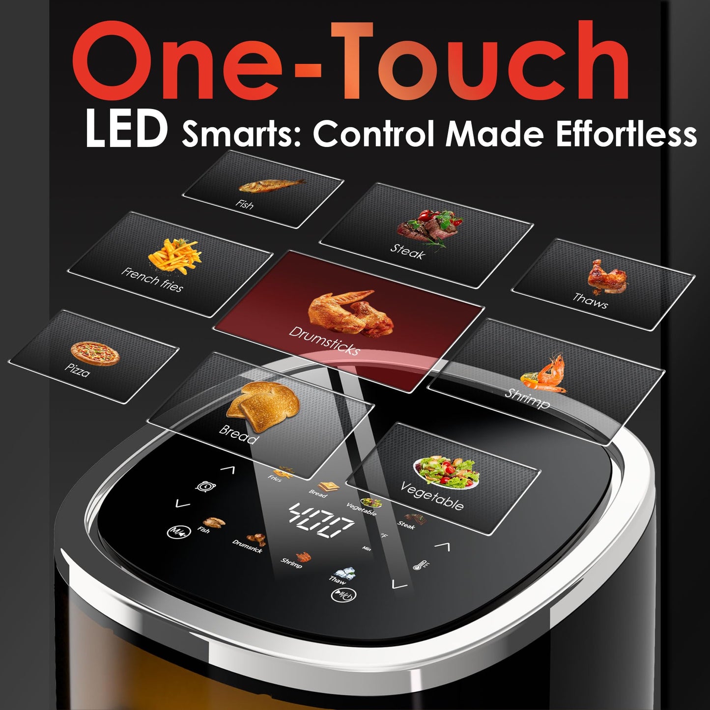 WHUTO Compact Air Fryer: 4.2QT, 9-in-1 functions, touchscreen, view window, compact and easy to use.