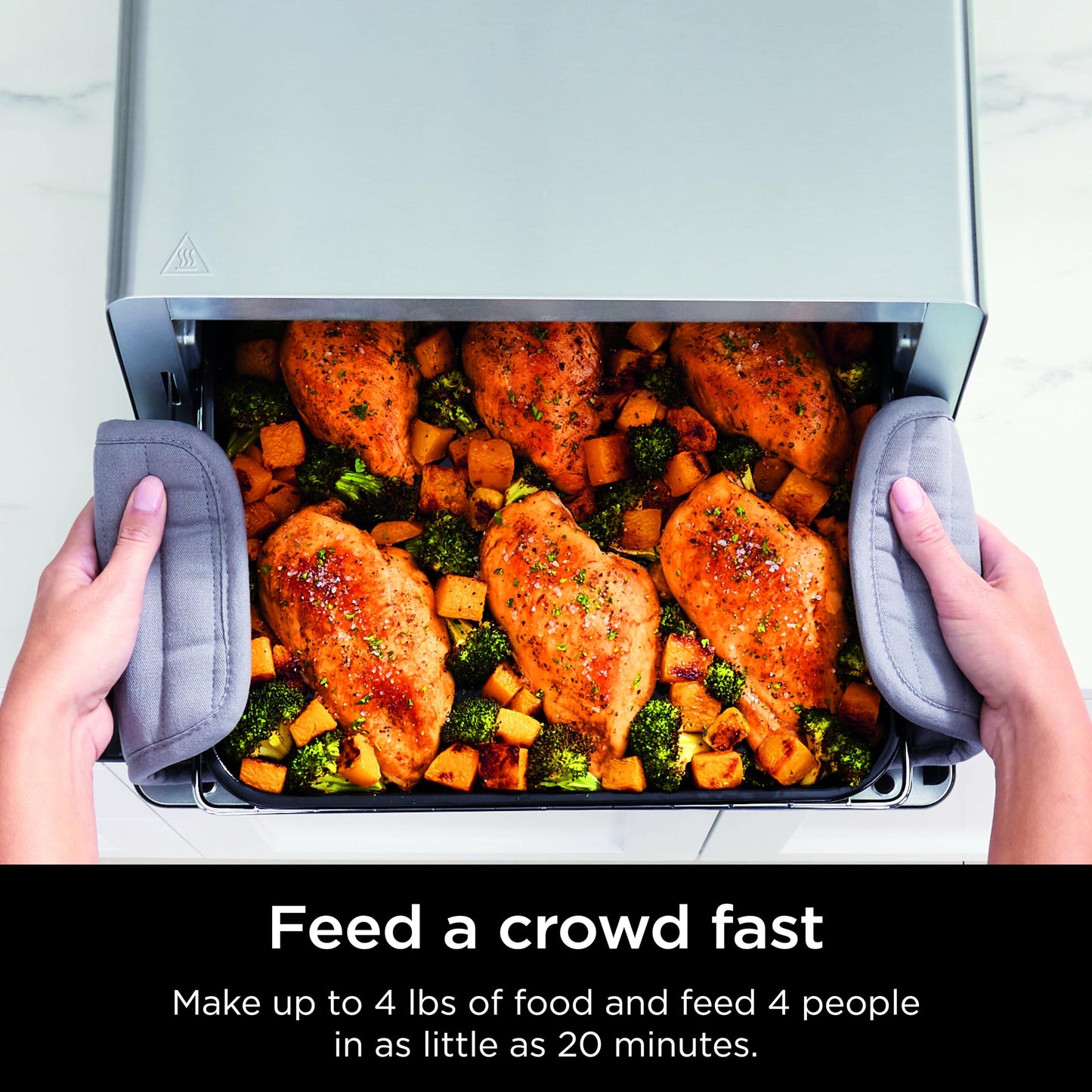 Ninja SP151 Oven: 8-in-1 air fryer toaster oven, flip-up design, space-saving, includes basket, pan, and rack.