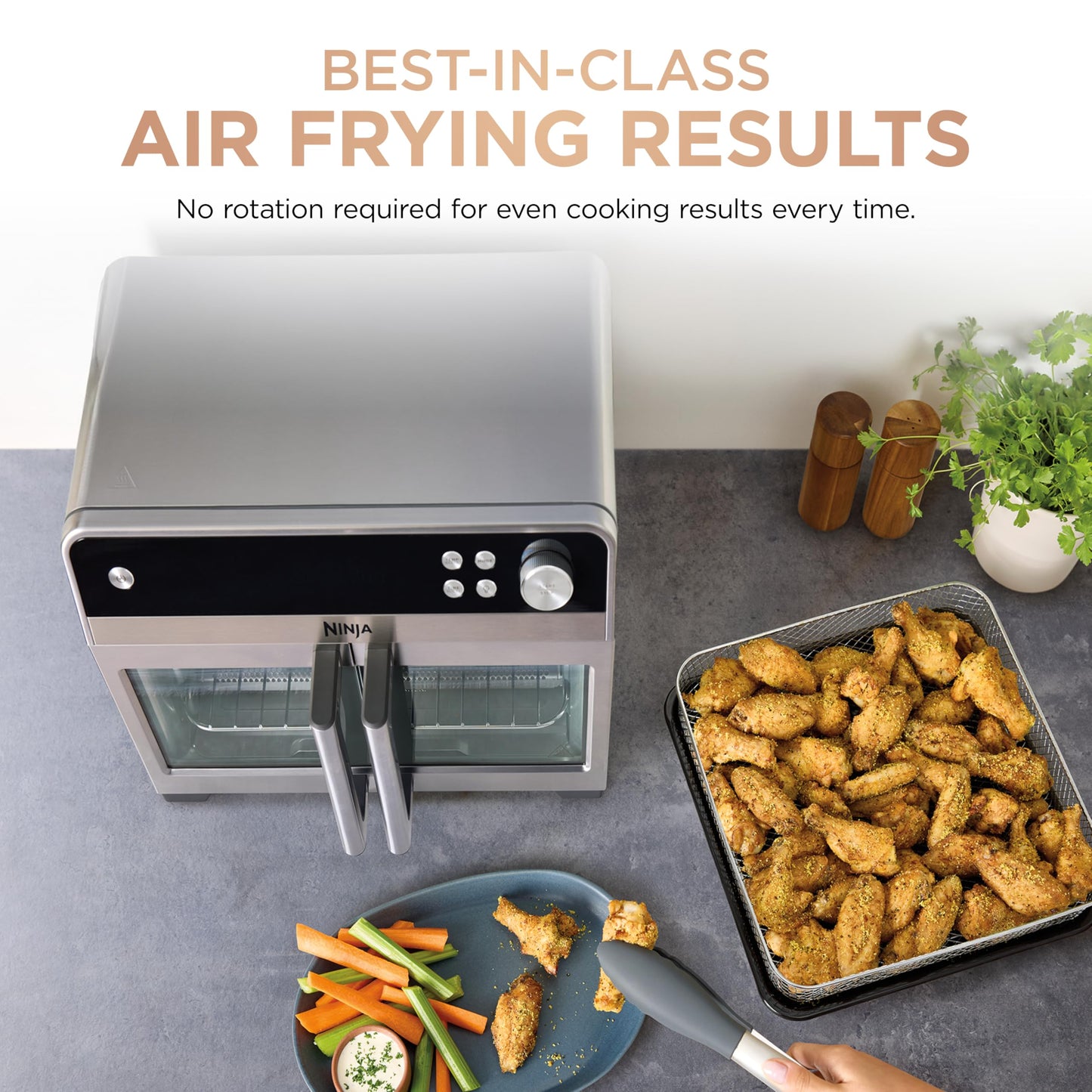 Ninja FO101 Oven: French door air fryer oven, 10-in-1 functions, 20QT capacity, dishwasher-safe accessories.