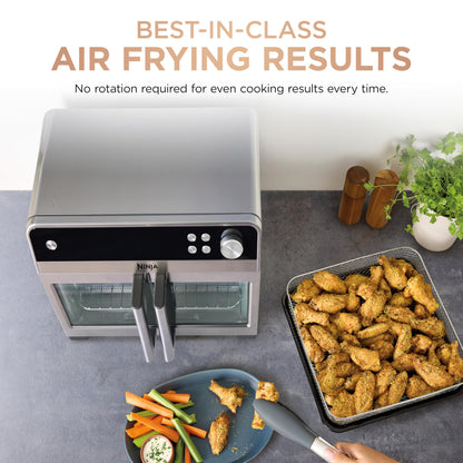 Ninja FO101 Oven: French door air fryer oven, 10-in-1 functions, 20QT capacity, dishwasher-safe accessories.