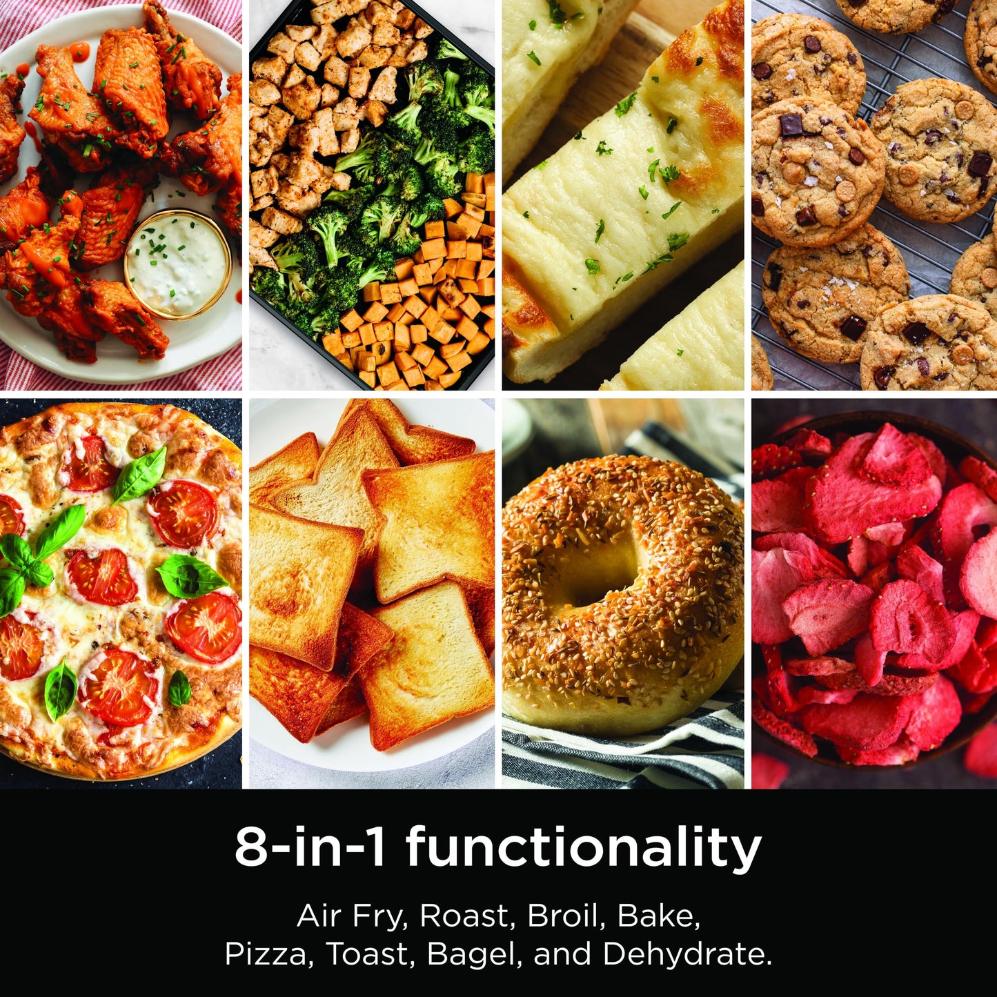 Ninja SP151 Oven: 8-in-1 air fryer toaster oven, flip-up design, space-saving, includes basket, pan, and rack.