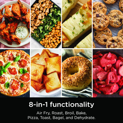 Ninja SP151 Oven: 8-in-1 air fryer toaster oven, flip-up design, space-saving, includes basket, pan, and rack.